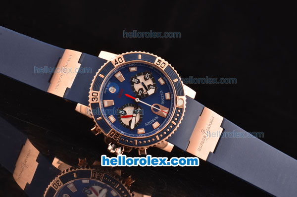 Ulysse Nardin Maxi Marine Diver Chrono OS20 Miyota Quartz Rose Gold Case with Blue Dial and Blue Rubber Strap - 7750 Coating - Click Image to Close